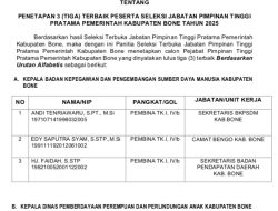 Pengumuman Penetapan Tiga Terbaik Peserta Jabatan Pimpinan Tinggi Pratama Pemerintah Kabupaten Bone Tahun 2025