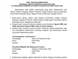 Pengumuman: Hasil Seleksi Administrasi Pengisian Jabatan Pimpinan Tinggi Pratama di Lingkungan Pemerintah Daerah Kabupaten Bone Tahun 2025